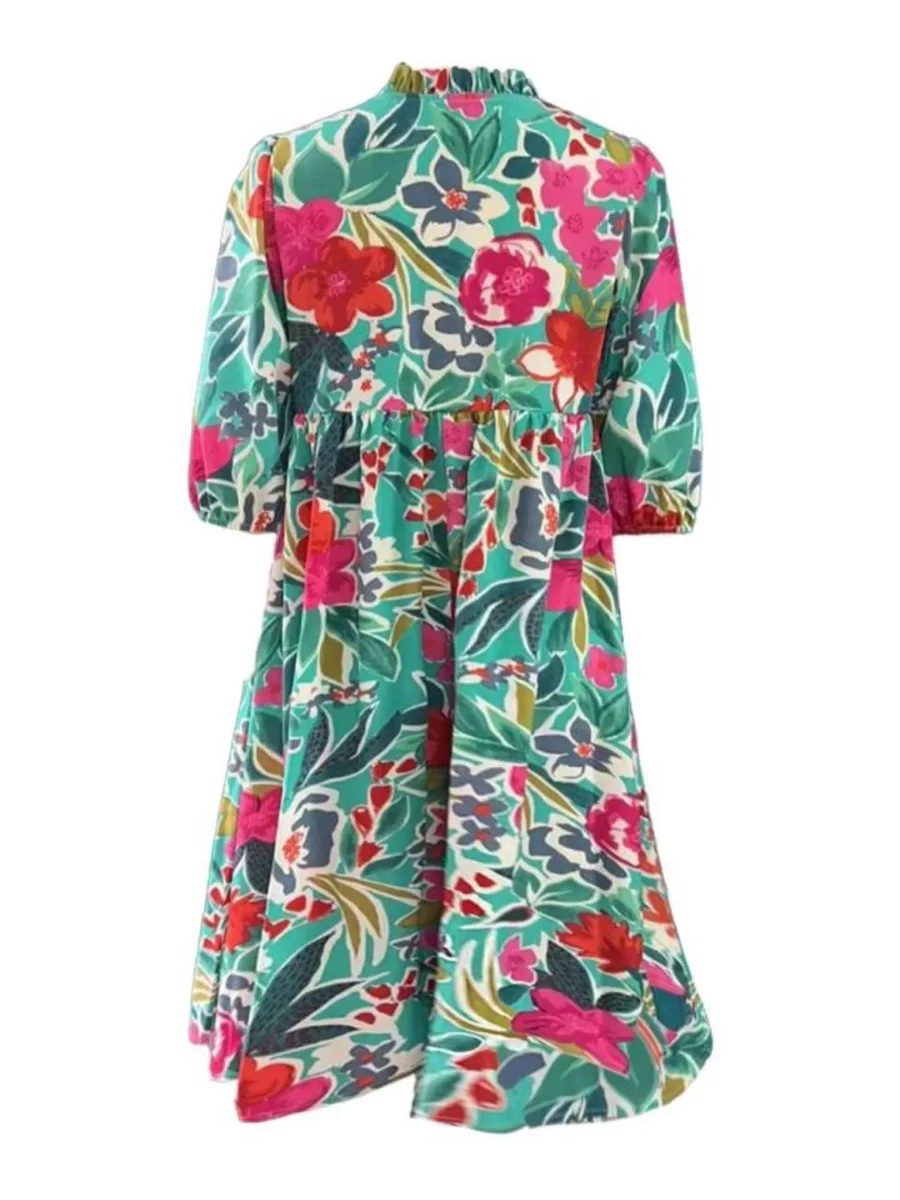 Island Bloom Teal Tropical V-Neck Midi Dress - Boho Tiered Sun Dress - Image 4