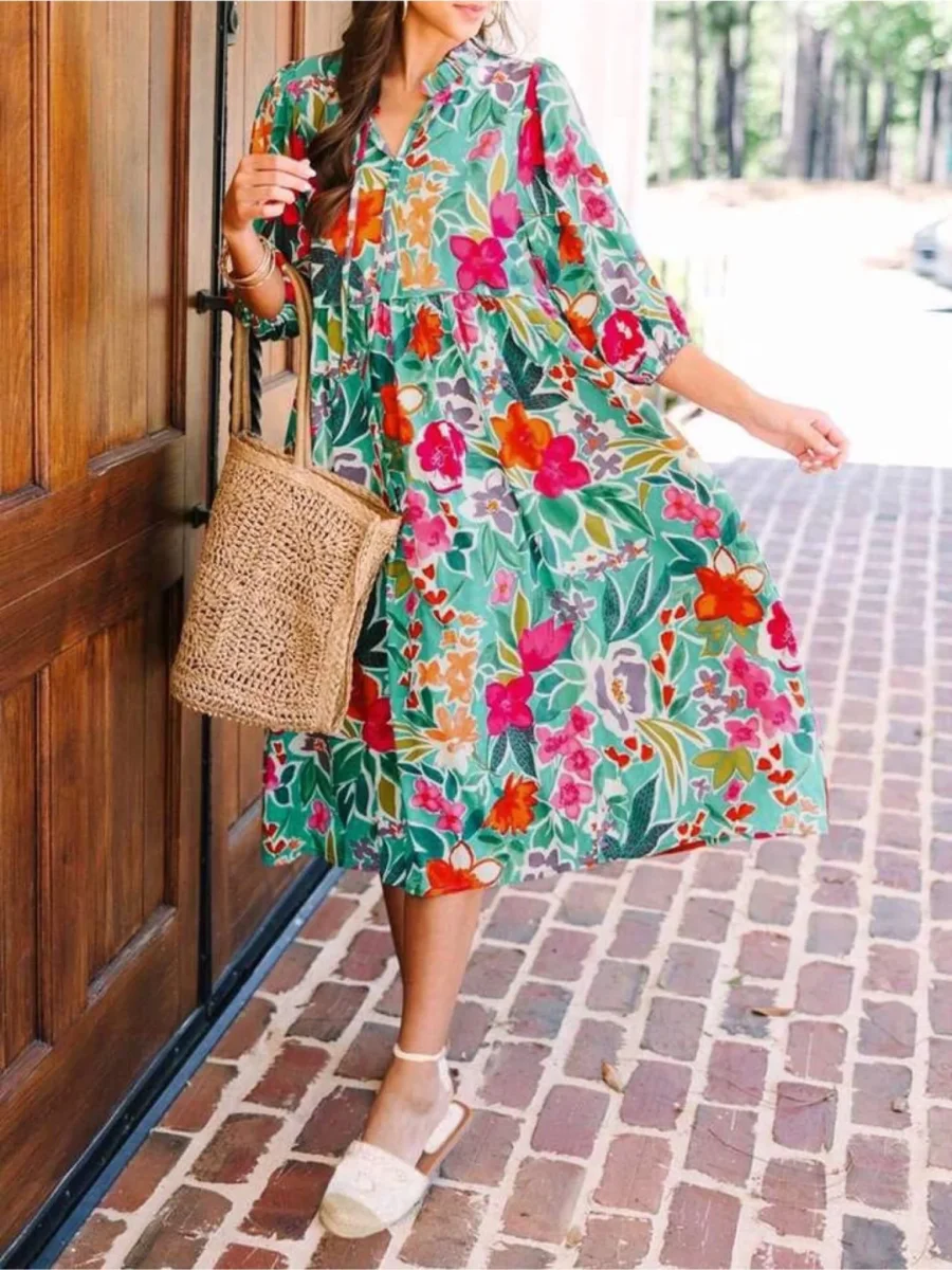 Island Bloom Teal Tropical V-Neck Midi Dress - Boho Tiered Sun Dress - Image 2
