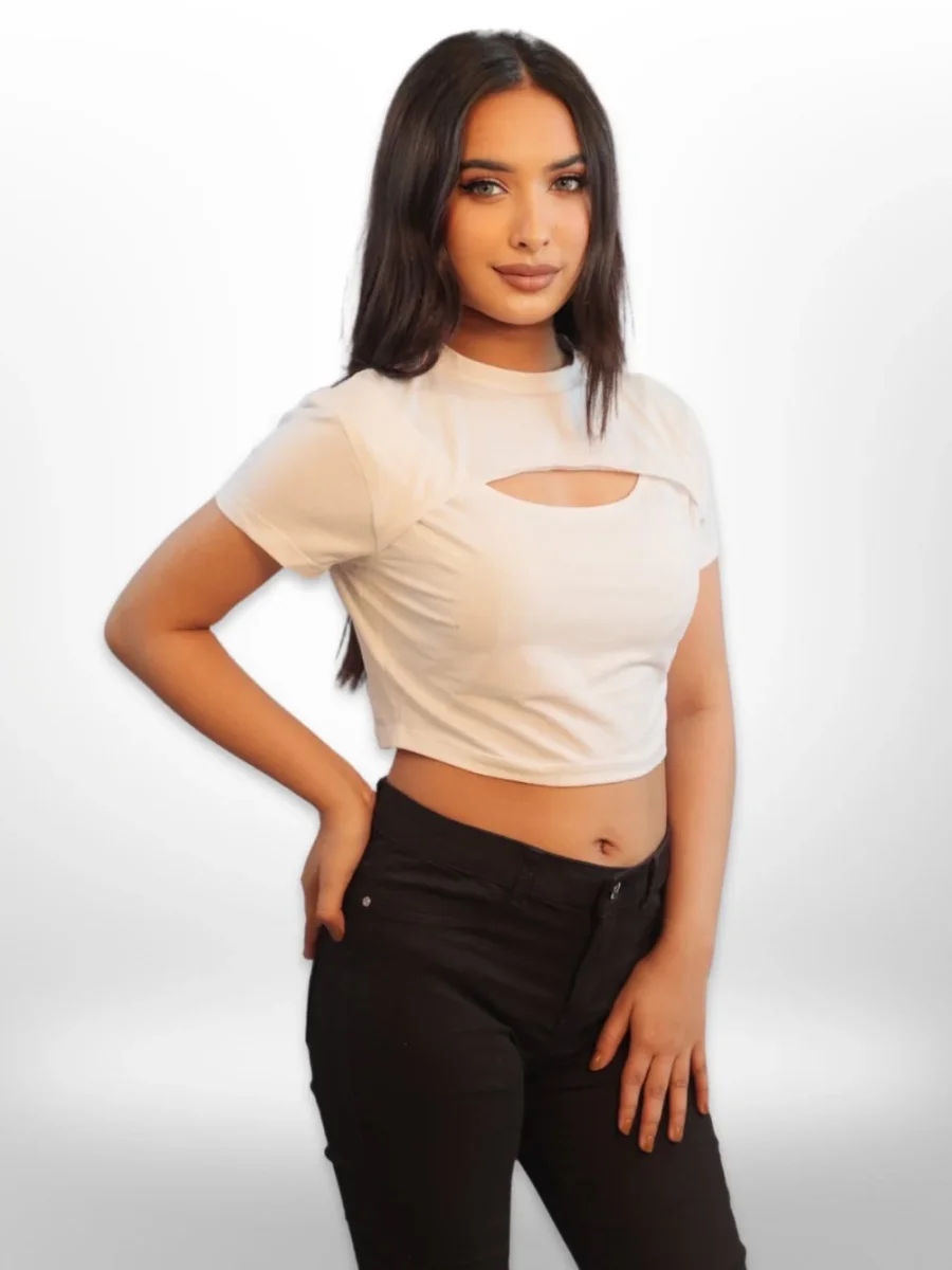Womens Front Cut Out Half Sleeve Crop Tops - Image 2